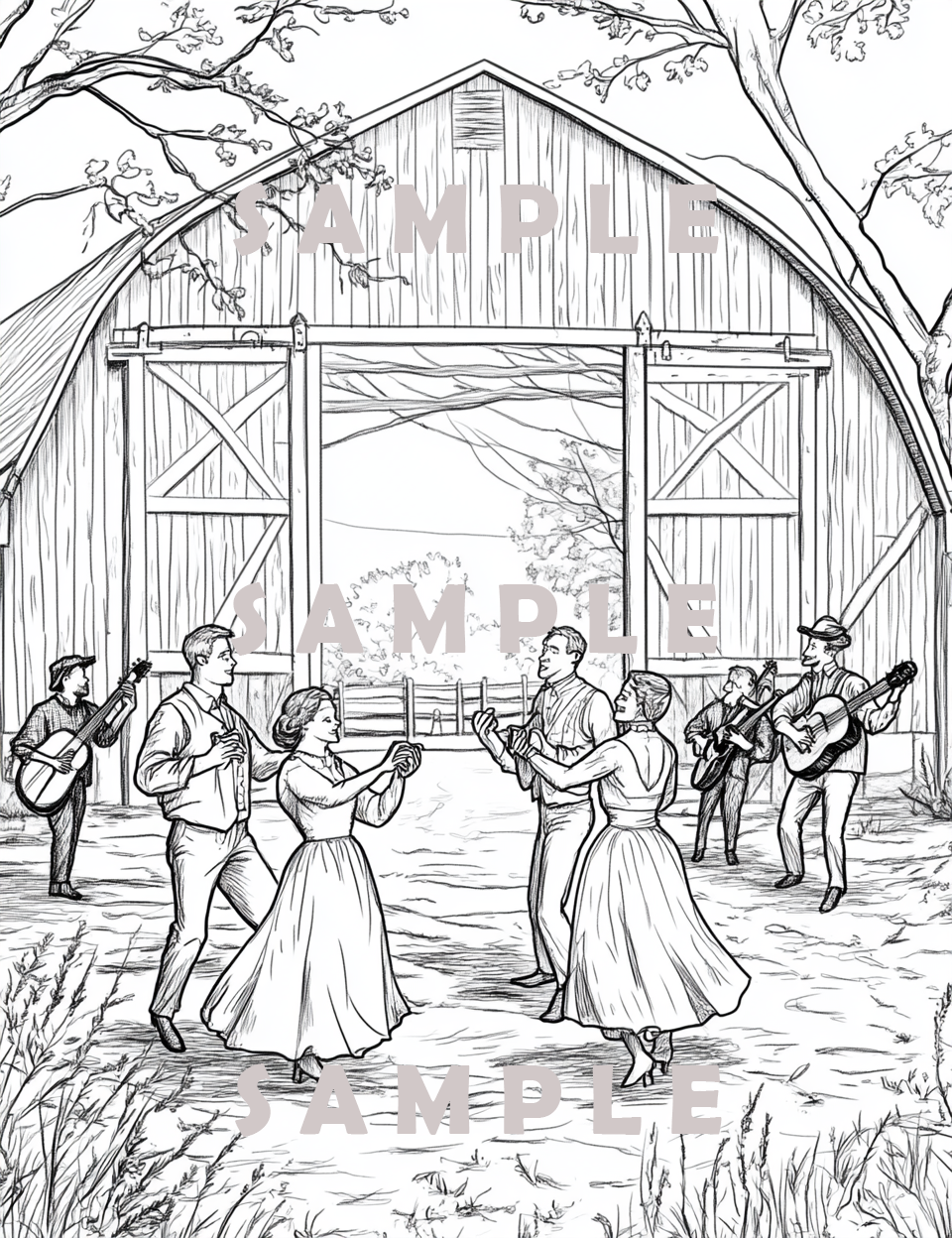 Image cover of Country Barn Dance featuring country music coloring pages for kids and adults