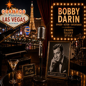 Classic Las Vegas showroom inspired by Bobby Darin with vintage microphone, grand piano and timeless entertainment atmosphere. Classic Las Vegas showroom inspired by Bobby Darin with vintage microphone, grand piano and timeless entertainment atmosphere.