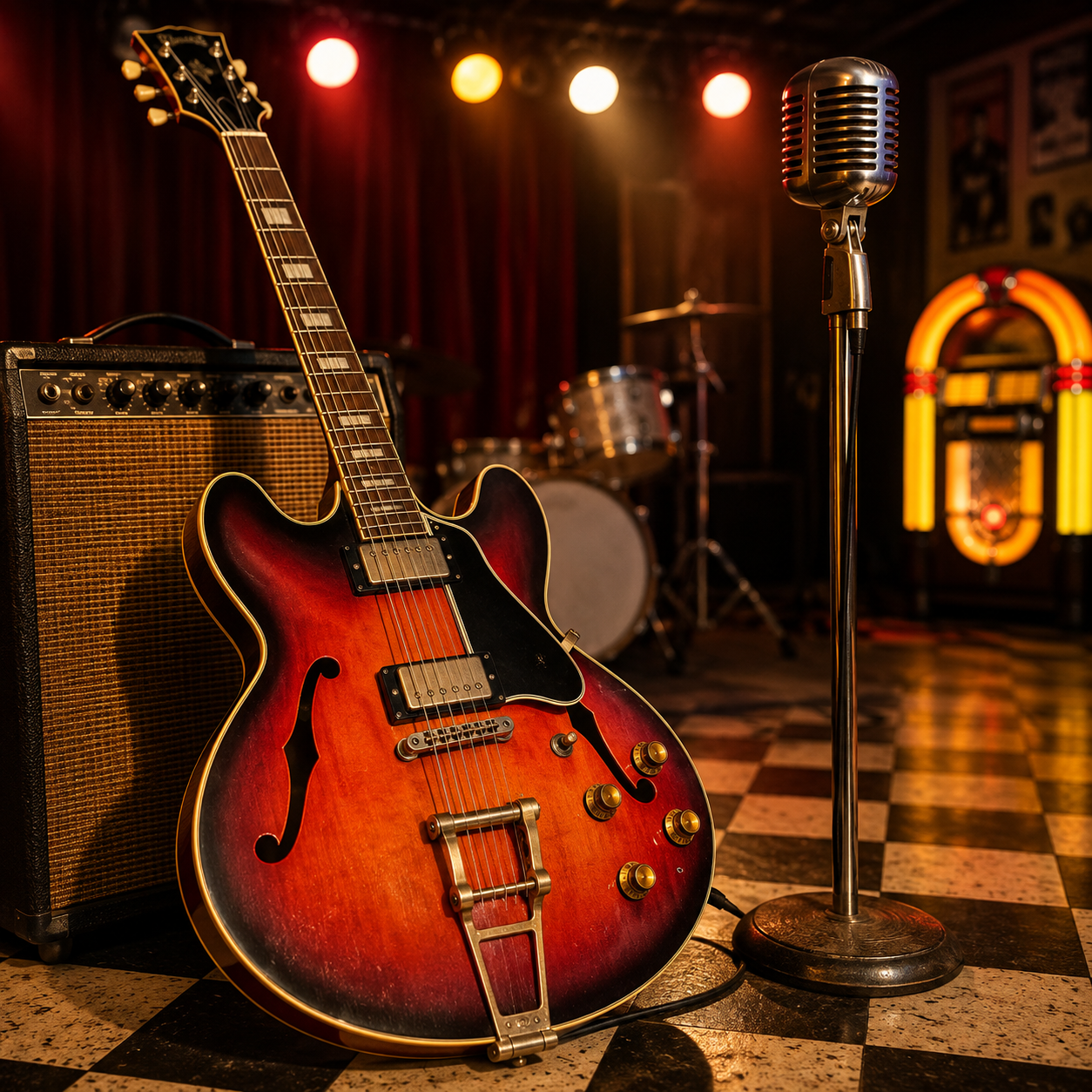 Vintage 1950s rock and roll guitar, microphone and amplifier representing Chuck Berry guitar lessons Vintage 1950s rock and roll guitar, microphone and amplifier representing Chuck Berry guitar lessons