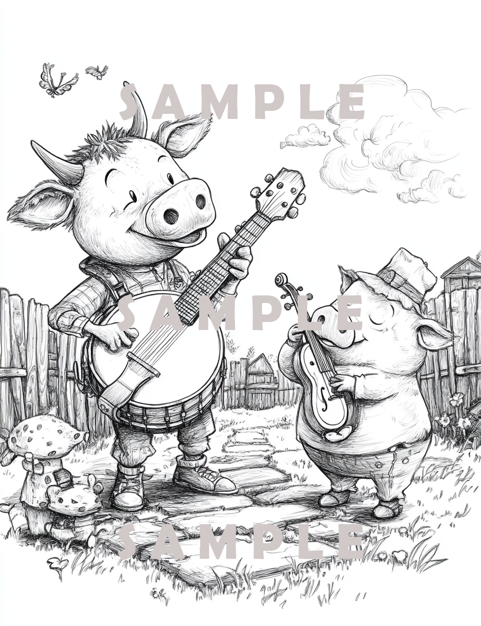 Image cover of a cow and pig jamming  featuring country music coloring pages for kids and adults