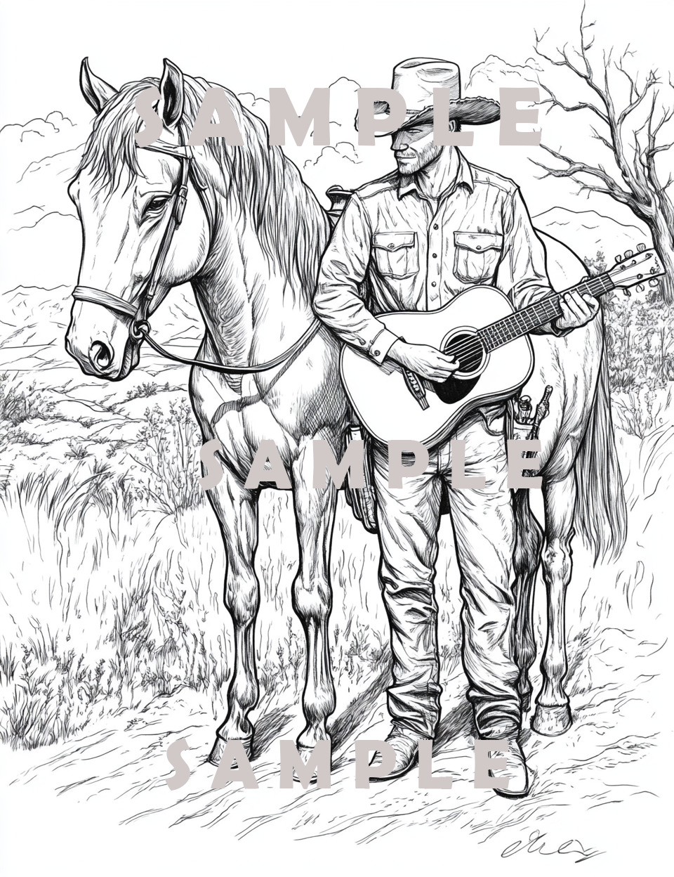 Image cover of a country musician and horse featuring country music coloring pages for kids and adults