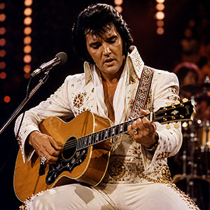 Elvis Presley performing with an acoustic guitar during his 1970s era Elvis Presley performing with an acoustic guitar during his 1970s era