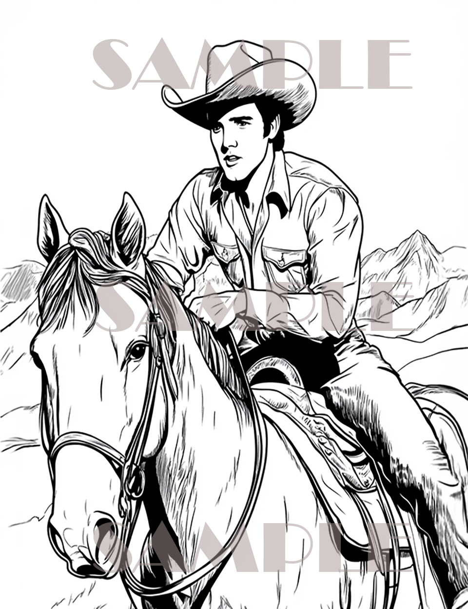 book cover of Elvis on horseback featuring elvis presley coloring pages and the image of elvis horseback riding in the mountains book cover of Elvis on horseback featuring elvis presley coloring pages and the image of elvis horseback riding in the mountains