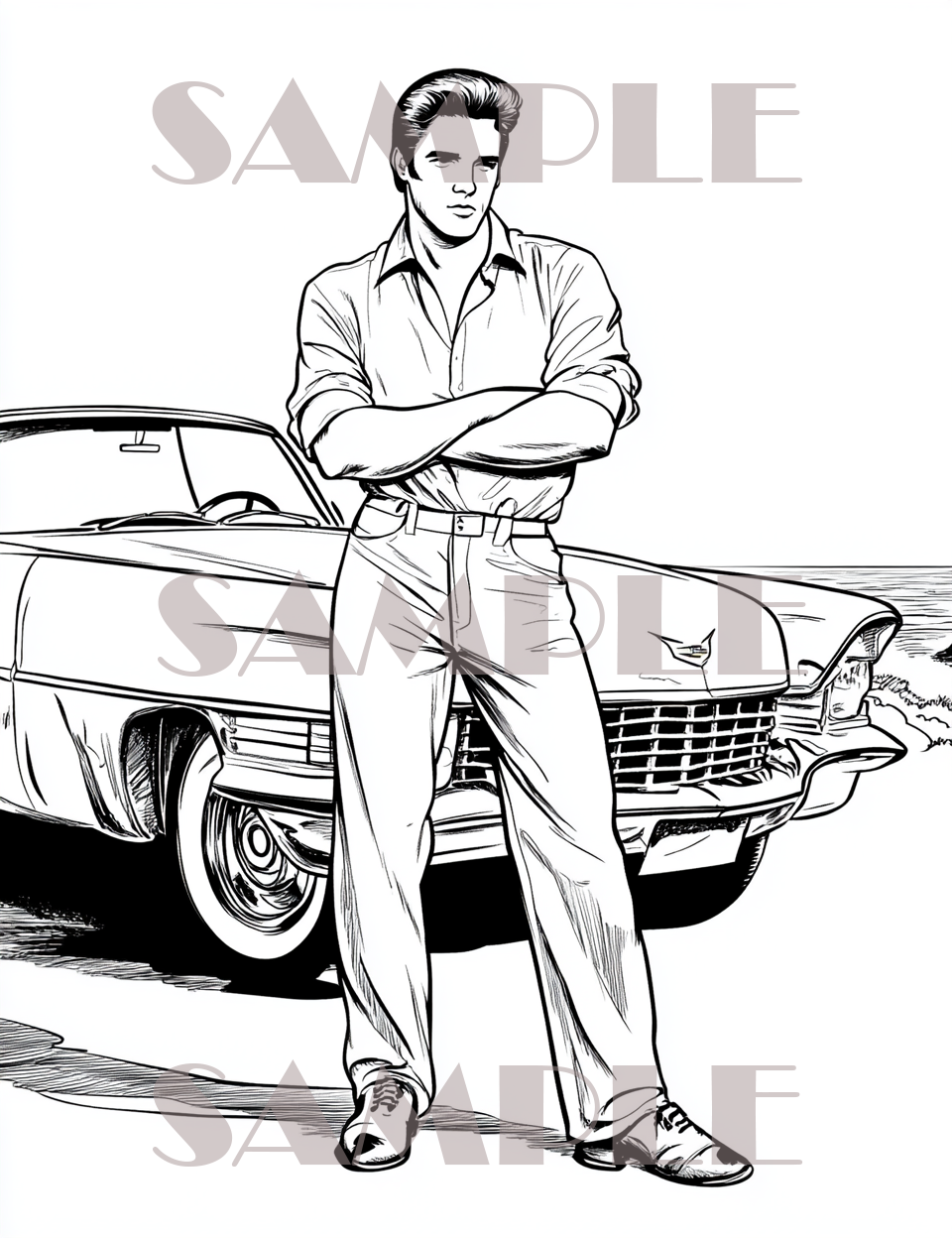 book cover of Elvis and a cadillac featuring elvis presley coloring pages and the image of elvis enjoying his cadillac book cover of Elvis and a cadillac featuring elvis presley coloring pages and the image of elvis enjoying his cadillac
