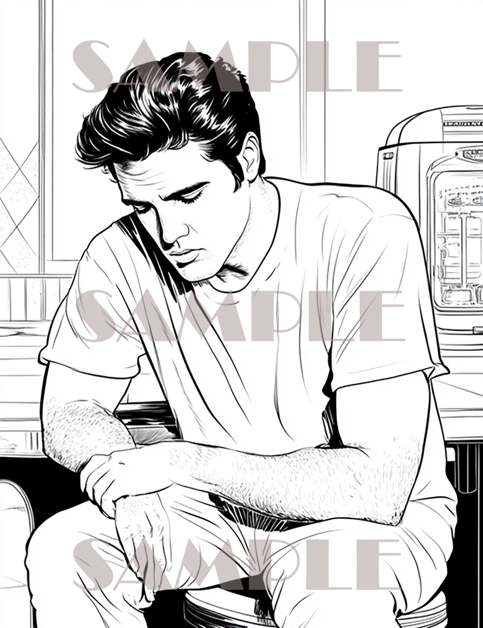 book cover of Elvis in a diner featuring elvis presley coloring pages and the image of elvis sitting alone in a diner book cover of Elvis in a diner featuring elvis presley coloring pages and the image of elvis sitting alone in a diner
