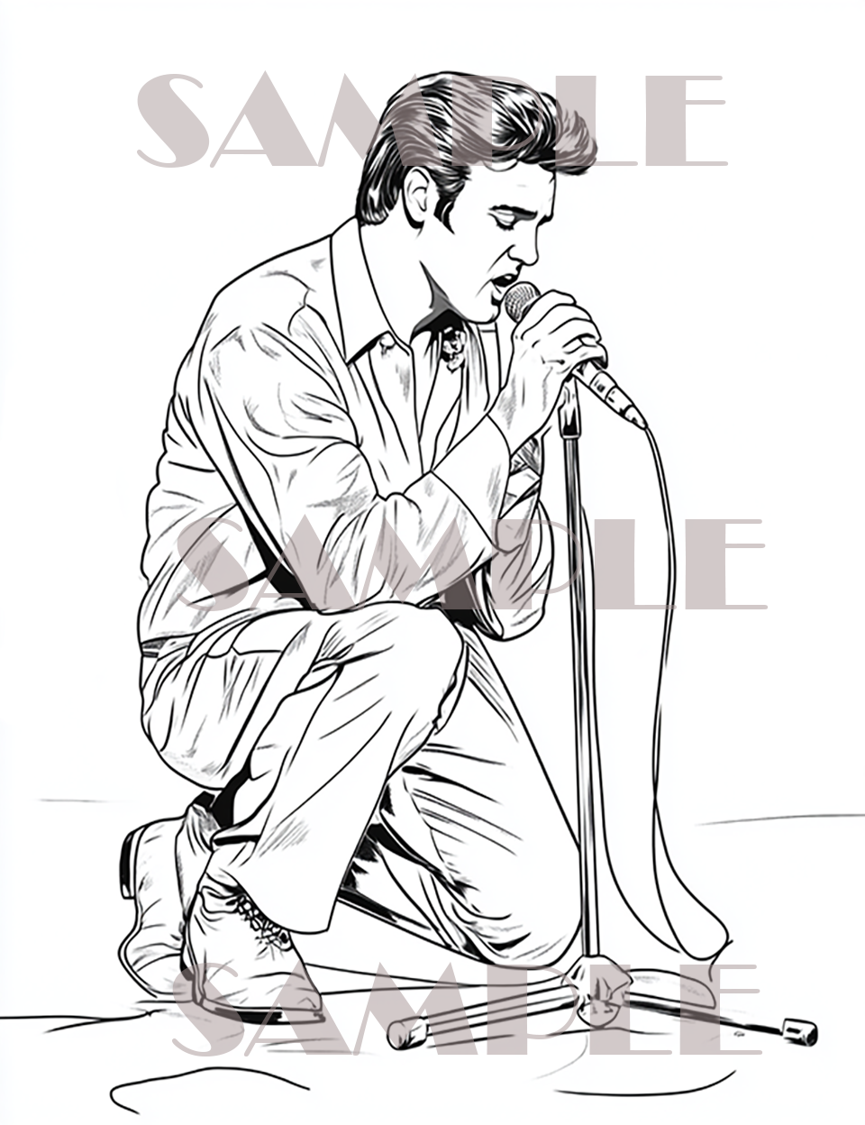 book cover of Elvis kneeling featuring elvis presley coloring pages and the image of elvis kneeling while performing on stage book cover of Elvis kneeling featuring elvis presley coloring pages and the image of elvis kneeling while performing on stage