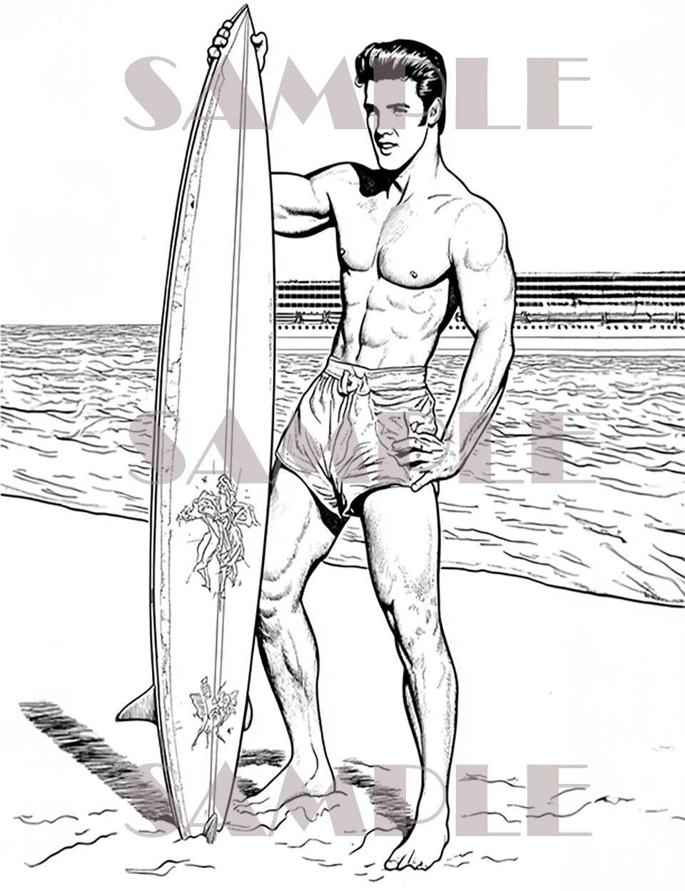 book cover of Elvis on the beach featuring elvis presley coloring pages and the image of elvis holding a surfboard on the beach book cover of Elvis on the beach featuring elvis presley coloring pages and the image of elvis holding a surfboard on the beach