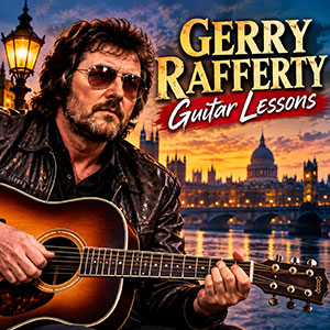 Gerry Rafferty guitar lessons featuring acoustic guitar and a London skyline Gerry Rafferty guitar lessons featuring acoustic guitar and a London skyline