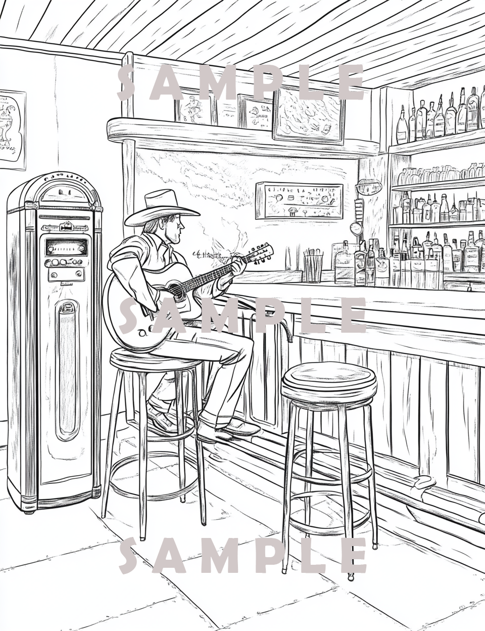 Image cover of a honky tonk bar   featuring country music coloring pages for kids and adults