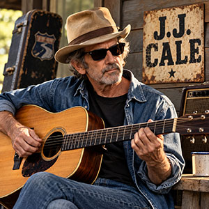 J.J. Cale inspired acoustic guitarist playing blues guitar in a rustic setting J.J. Cale inspired acoustic guitarist playing blues guitar in a rustic setting