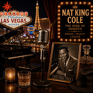 Elegant Las Vegas lounge inspired by Nat King Cole with grand piano, vintage microphone and timeless jazz atmosphere. Elegant Las Vegas lounge inspired by Nat King Cole with grand piano, vintage microphone and timeless jazz atmosphere.