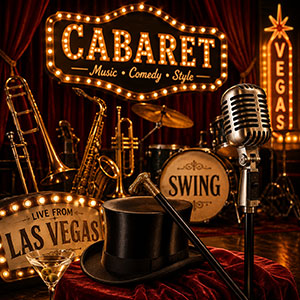 Classic Las Vegas cabaret stage with vintage microphone, swing band instruments and theatrical showpiece atmosphere. Classic Las Vegas cabaret stage with vintage microphone, swing band instruments and theatrical showpiece atmosphere.