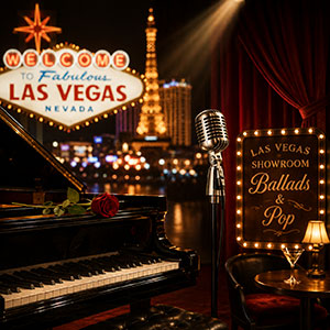 Vintage Las Vegas showroom with grand piano, spotlight microphone and elegant ballad performance atmosphere. Vintage Las Vegas showroom with grand piano, spotlight microphone and elegant ballad performance atmosphere.